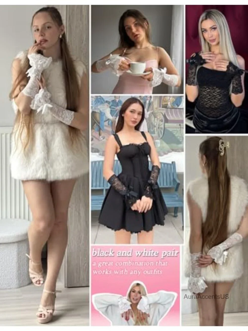Fingerless Lace Ruffle Bow Gloves Mid Elbow Costume Accessory